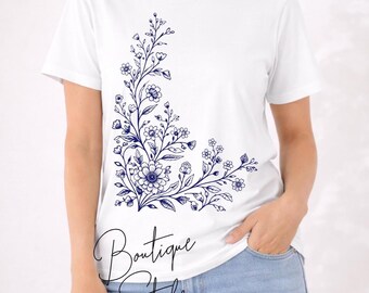 Botanical Line Art T-Shirt, Women’s Maple Floral Graphic Tee, Minimalist Cottagecore Style