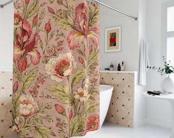 Cortina de ducha vintage con estampado botánico floral, decoración de baño estilo William Morris, rosa.