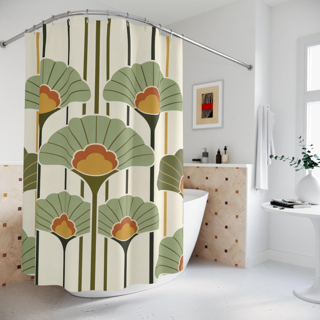 Art Deco botanical shower curtain in sage green