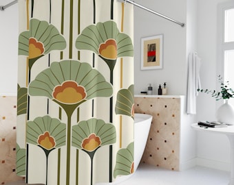 Art Deco Botanical Shower Curtain, Mid Century Modern Sage Green Floral Bathroom Decor