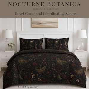 Nocturne Botanica Duvet Cover, Dark Cottagecore Botanical Floral Bedding, Gothic Moth Decor