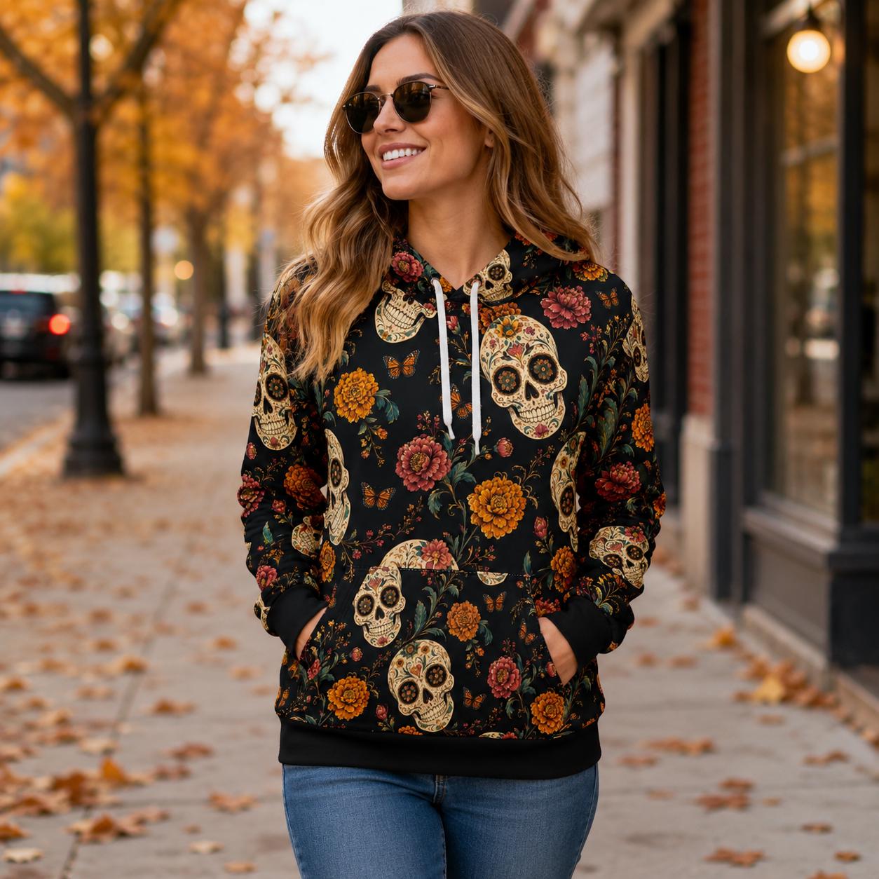 Sugar skull floral Halloween all-over print hoodie
