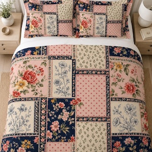 Floral Patchwork Duvet Cover, Cottagecore Pink Navy Roses, Shabby Chic Bedroom Bedding