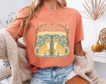 Leopard Folk Art Shirt Comfort Colors Tee, Boho Animal Graphic T Shirt, Scandinavian Style Tee, Whimsical Cheetah Shirt, Maximalist Top