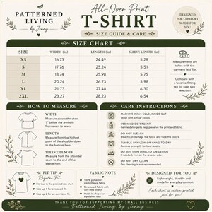 May include: A size guide and care instruction chart for a t-shirt by Patterned Living by Jenny. It includes a table with width, length, and sleeve length measurements in inches for sizes XS to 2XL, along with diagrams for measuring and care icons.
