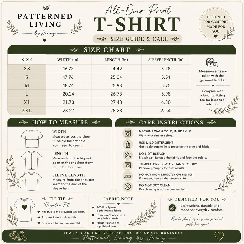 May include: A size guide and care instruction chart for a t-shirt by Patterned Living by Jenny. It includes a table with width, length, and sleeve length measurements in inches for sizes XS to 2XL, along with diagrams for measuring and care icons.