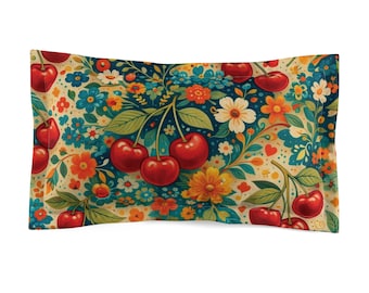 Cherry Floral Pillow Sham: Retro Boho Microfiber Bedding, Cottagecore Bedroom Accent