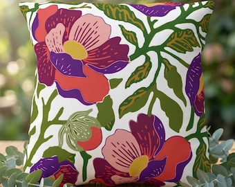 Modern Floral Outdoor Pillow: Bold Botanical Patio Cushion, Boho Garden Decor