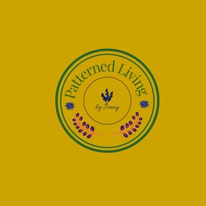 May include: A circular logo on a mustard yellow background featuring a dark green border. The text Patterned Living is arched at the top, with by Jenny in the center. A dark blue plant icon and two symmetrical purple leaf sprigs are included.