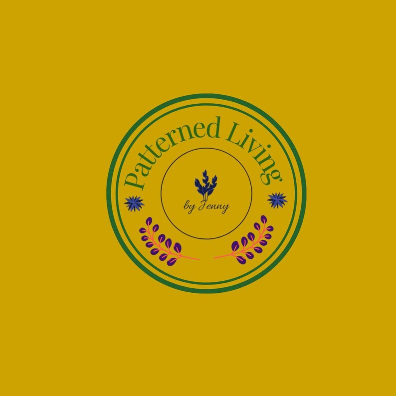 May include: A circular logo on a mustard yellow background featuring a dark green border. The text Patterned Living is arched at the top, with by Jenny in the center. A dark blue plant icon and two symmetrical purple leaf sprigs are included.