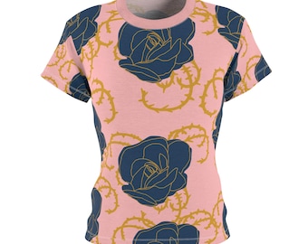 Camiseta moderna con estampado botánico de rosas, top floral rosa y azul marino
