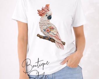 Cockatoo Graphic Tee Women, Botanical Bird Shirt, Floral Parrot Tee, Artistic Nature Shirt, Women's Maple Tee, Boutique Graphic T Shirt