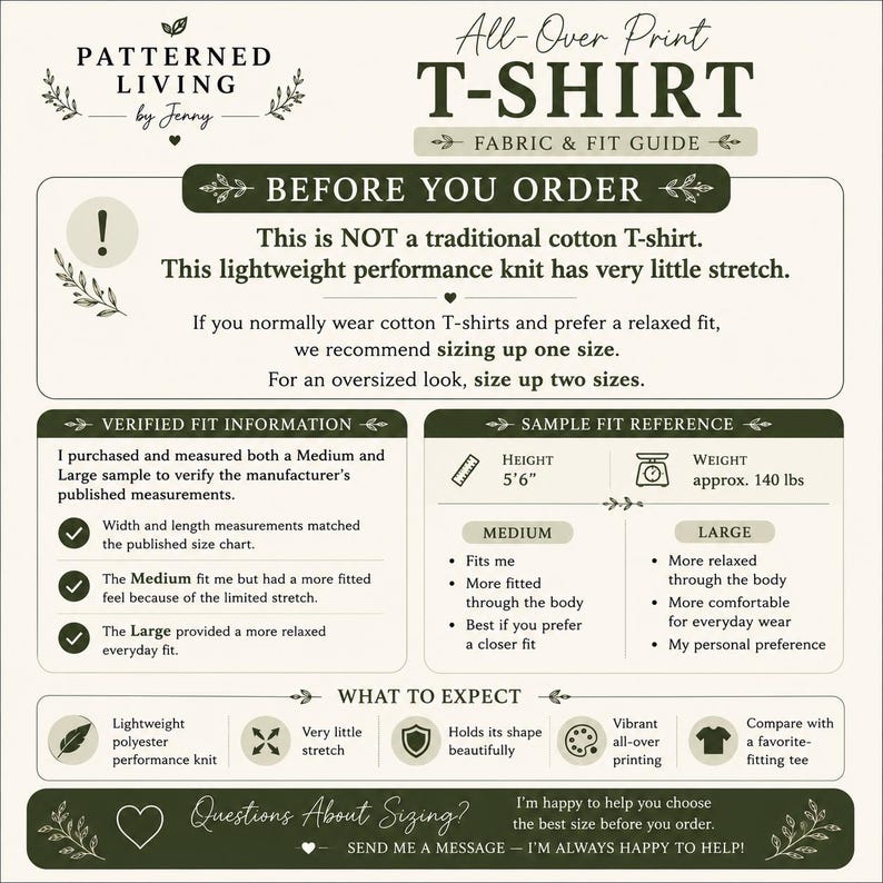 May include: An informational graphic titled All-Over Print T-SHIRT FABRIC & FIT GUIDE by Patterned Living by Jenny. It details that the shirt is a lightweight performance knit with little stretch, advising to size up for a relaxed fit.