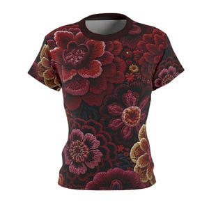 Women's Vintage Botanical Floral Print T-Shirt, Dark Garden Crew Neck Tee image 3