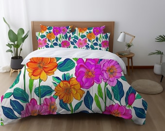 Dekbedovertrekset met bloemen, kleurrijk botanisch beddengoed, dekbedovertrek met maximalistische bloemen, dekbedovertrek met felle bloemen, beddengoedset cottagecore