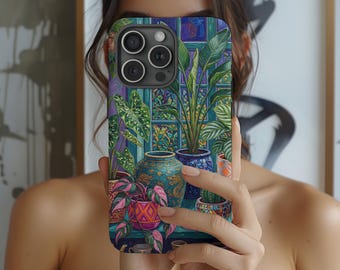 Maximalist botanische iPhone/Samsung Hülle, Boho Tropical Garden Art Cover