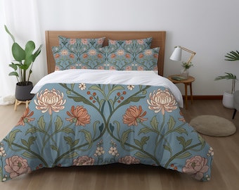 Funda nórdica botánica, ropa de cama floral vintage, inspirada en William Morris, decoración de dormitorio estilo cottagecore, color azul descolorido.