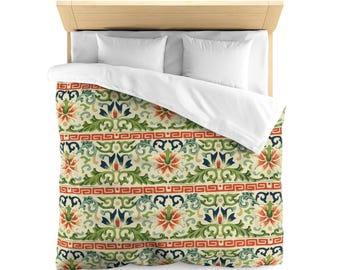 Vintage Floral Stripe Bettbezug, Europäische Fliesen Bettwäsche, Boho Ornamental Muster, Mediterrane Schlafzimmer Dekoration, Klassische Botanische Bettwäsche