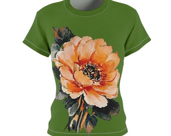 Camiseta con estampado floral de peonías en acuarela, camiseta con estampado botánico, conjunto femenino de primavera-verano en color verde.