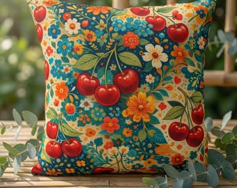 Cherry Floral Outdoor Pillow Colorful Botanical Garden Cushion, Folk Art Accent (Water resistant)