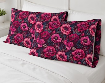 Dark Pink Floral Pillow Sham, Moody Roses, Gothic Botanical Bedding Collection