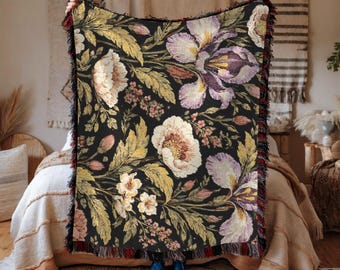 Vintage Botanical Floral Woven Blanket, Dark Tapestry Throw, Cottagecore Cotton Decor