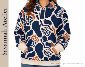 Sudadera con capucha con estampado abstracto de safari, sudadera bohemia azul marino terracota, top tipo jersey para mujer