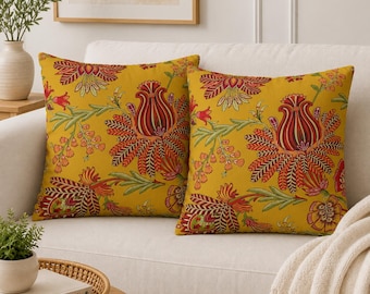 Botanical Floral Throw Pillow Cover, Vintage Style Cottage Core Couch Cushion Mustard