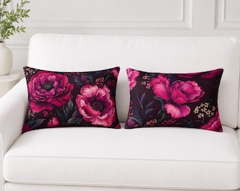 Dark Pink Floral Pillow Sham, Moody Roses, Gothic Botanical Bedding Collection