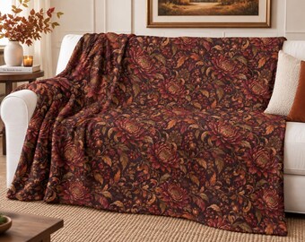 Dark Autumn Floral Sweatshirt Blanket, Moody Vintage Garden Throw, Burgundy Rust Fall Decor