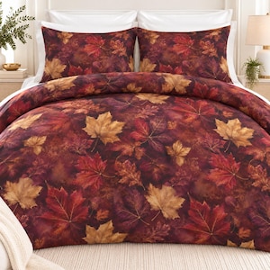 Autumn Maple Leaves COTTON Duvet Cover, Rustic Botanical Fall Bedding
