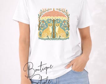Folk Art Leopard T-Shirt, Scandinavian Animal Tee, Whimsical Cheetah Graphic Shirt, Boho Boutique Tee, Cute Animal Aesthetic Top