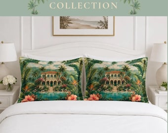 Fundas de almohada de la colección Tropical Palm House, fundas de almohada Hibiscus Botanical Coastal, Grandmillennial Decor