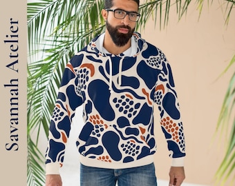 Abstract Safari Print Hoodie, Navy Terracotta Boho Sweatshirt, Men's Pullover Top