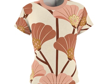 Camiseta retro con estampado floral integral, top botánico en tonos tierra, camiseta de mujer inspirada en los años 70.