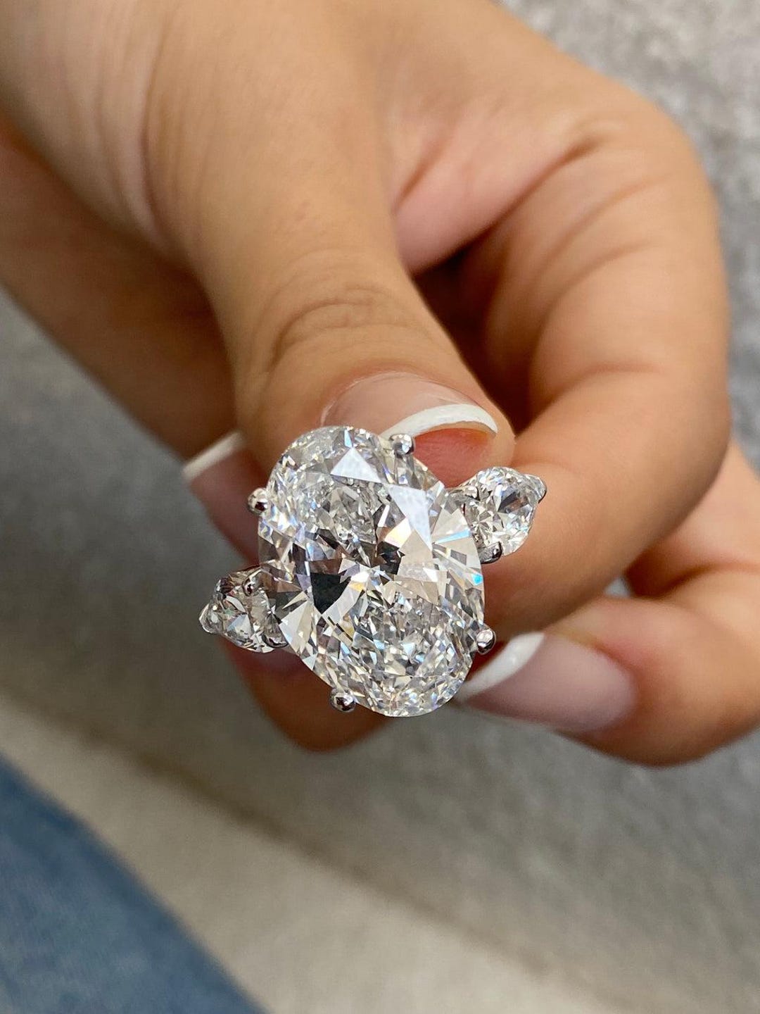 Oval Diamond Three Stone Engagement Ring With Pear Side Stones Gold ...