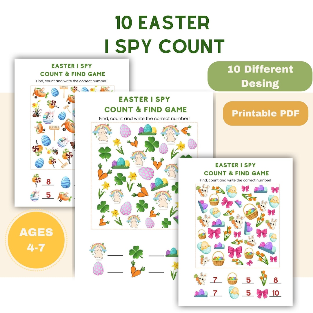 Easter I Spy Printable for Kids Ages 4-7, 10 Page Spring Counting ...