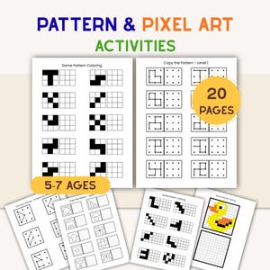 Pattern & Pixel Art Activities for Kids | Preschool Worksheets Ages 5-7 | Copy the Pattern, Grid Coloring, Symmetry | 20 Printable Pages