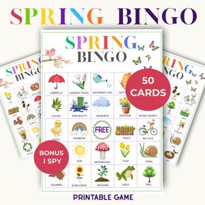 Juego de bingo de primavera imprimible, 50 cartones de bingo, actividad para el aula, juego de fiesta, para niños y adultos, paquete de actividades de primavera con juego extra "Veo, veo".