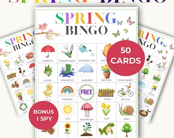 Jogo de Bingo de Primavera para Imprimir, 50 Cartelas de Bingo, Atividade para Sala de Aula, Jogo para Festas, Crianças e Adultos, Pacote de Atividades de Primavera com Bônus "Eu Espio"