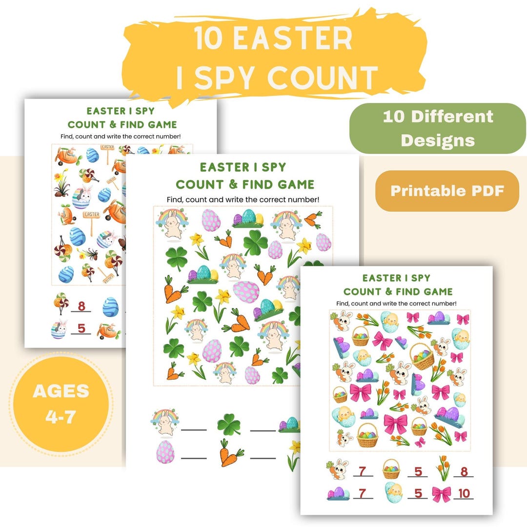 Easter I Spy Printable for Kids Ages 4-7, 10 Page Spring Counting ...