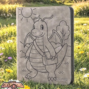 May include: A gray card binder featuring a cartoon dragon illustration with a sun and tree. The binder has a zipper closure and the text "CHOZI COLLECTIONS" and "CGUARD" are visible. The binder is on a grassy field with flowers.