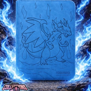 May include: A light blue rectangular card binder featuring a dark blue line art illustration of a dragon-like creature with wings and flames. The text TCGUARD is embossed in the bottom right corner, and a circular logo with the text CHOZI COLLECTIONS is visible in the bottom left corner.