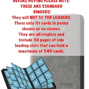 May include: A grey and black card binder with a zip closure, holding multiple trading cards in blue sleeves. The binder has 30 pages with side-loading slots and can hold up to 540 cards. Text on the image reads: "BEFORE BUYING PLEASE NOTE: THESE ARE STANDARD BINDERS!"