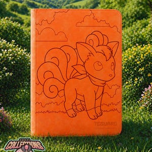 May include: An orange card binder featuring a cartoon fox-like creature with a scarf and curly tails. The binder has a stitched border and the text "TCGUARD" at the bottom. The background is a grassy field with trees and a blue sky.
