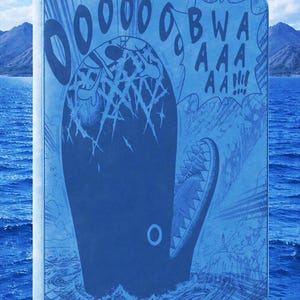 May include: A light blue rectangular tablet case featuring a monochromatic manga-style illustration of a large whale with its mouth open. The text "OOOOOO BWAAAAAAA!!!" is printed in dark blue above the whale, set against a blue ocean background.