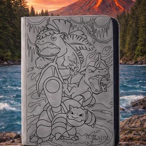 May include: Gray binder featuring black line art of several cartoon characters. The binder has a black zipper and the text "TCG BIRD" is visible. The background shows a volcano, water, and trees.