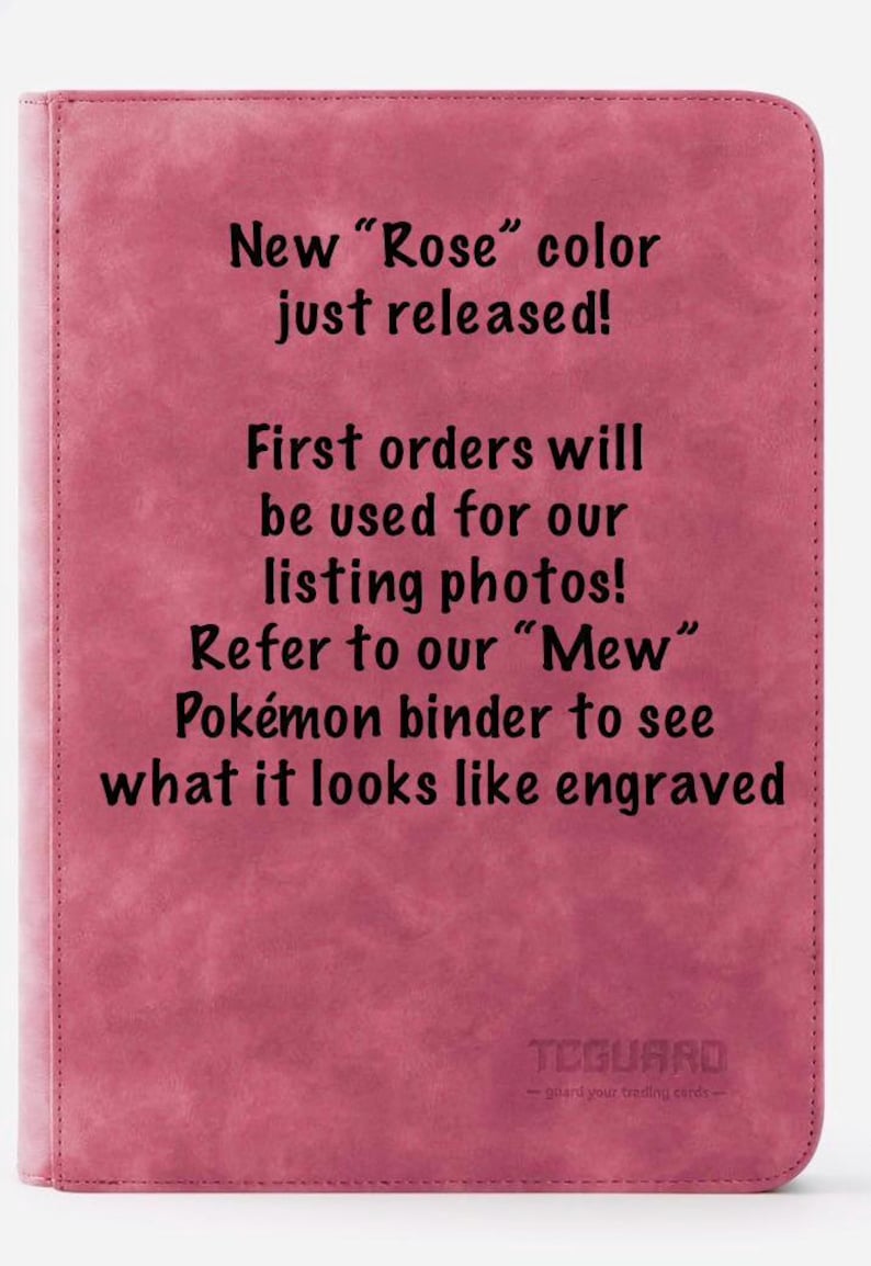 May include: A pink trading card binder with the text "New 'Rose' colour just released!" and other text. The binder has a stitched border and the brand name "TCGUARD" at the bottom.