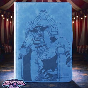 May include: A light blue rectangular card binder featuring a dark blue line art illustration of a pirate character wearing a hat and striped shirt, seated on a throne. The bottom right corner displays the text Guard and trading cards.