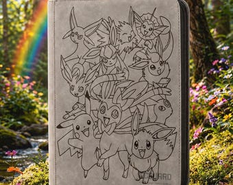 Eevee With Pikachu and all Eeveelutions laser engraved card binder, 9 pocket standard binder size, Pokemon Binder